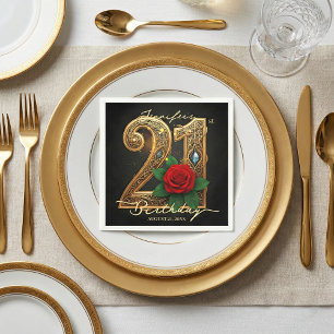 Elegant Chic Gold Filigree Red Rose 21st Birthday Napkins