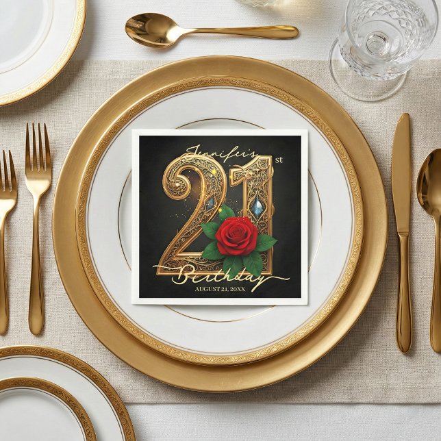 Elegant Chic Gold Filigree Red Rose 21st Birthday Napkins (Creator Uploaded)