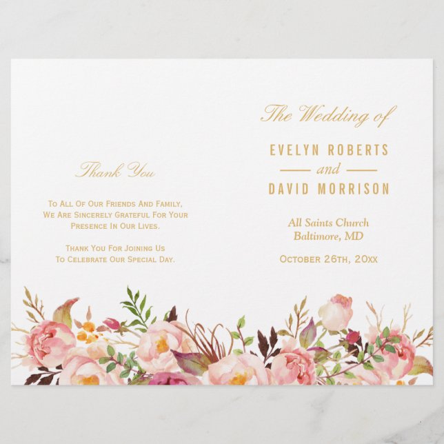 Elegant Chic Gold Floral Folded Wedding Program (Front)