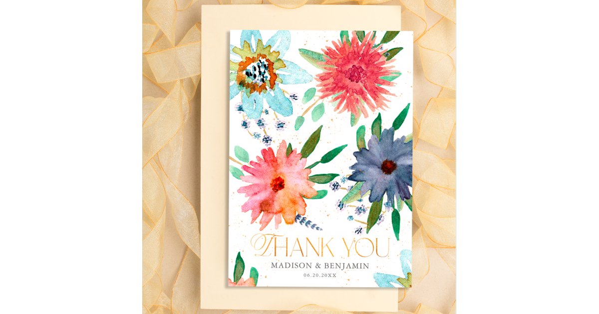 Elegant Chic Gold Floral Wildflower Wedding Photo Thank You Card | Zazzle