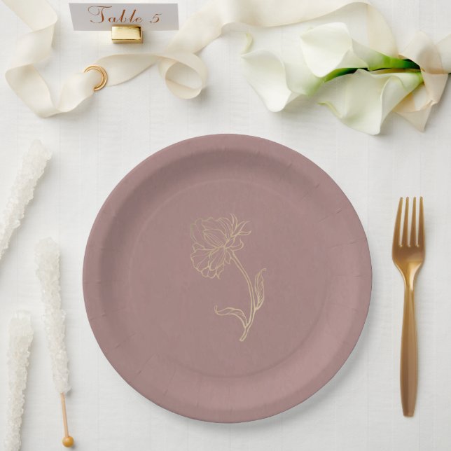 Elegant Chic Gold Flower & Dusty Rose Wedding  Paper Plates (Wedding)