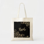 Elegant Chic Gold Flowers, Bride Tote Bag<br><div class="desc">Elegant gold glitter floral  swirls on black background. Select the costume button to change the font style, colour and size. Unique gift for the trendanista and fashion lover.</div>