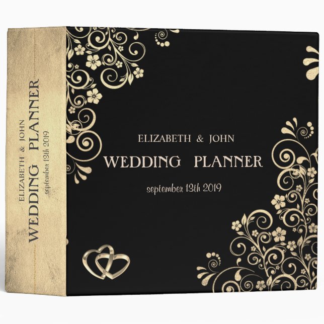 Elegant Chic Gold Flowers Hearts,Black 3 Ring Binder (Front/Spine)