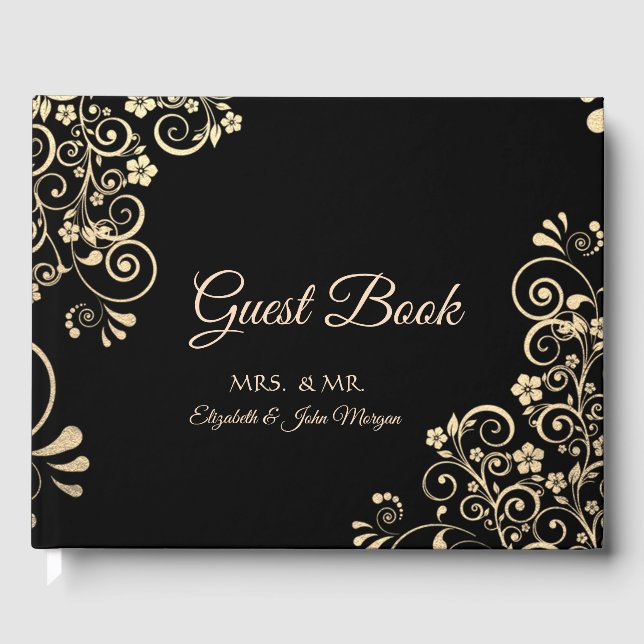 Elegant Chic Gold Flowers Wedding Guest Book (Front)