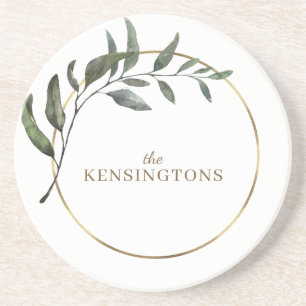 Elegant Chic Gold Foil Eucalyptus Greenery Coaster