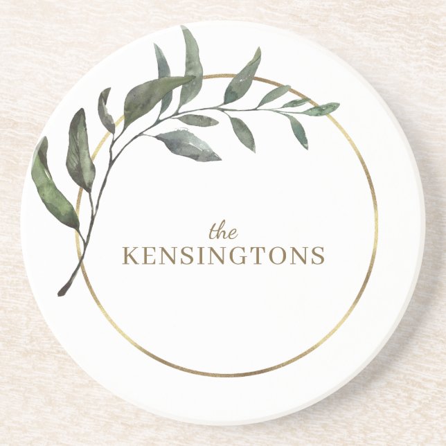Elegant Chic Gold Foil Eucalyptus Greenery  Coaster (Front)