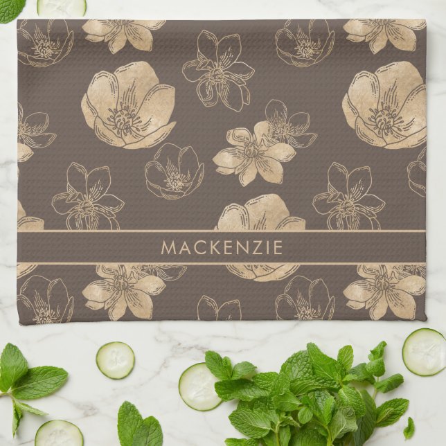 Elegant Chic Gold Foil Floral Pattern Monogram Kitchen Towel (Folded)