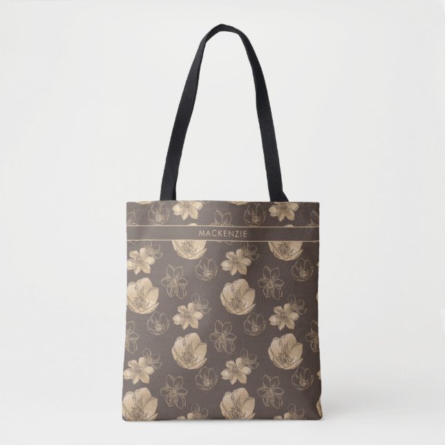 Elegant Chic Gold Foil Floral Pattern Monogram Tote Bag (Front)