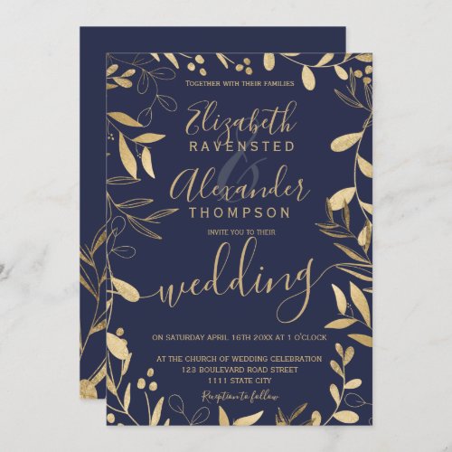 Elegant chic gold foil navy blue floral wedding invitation