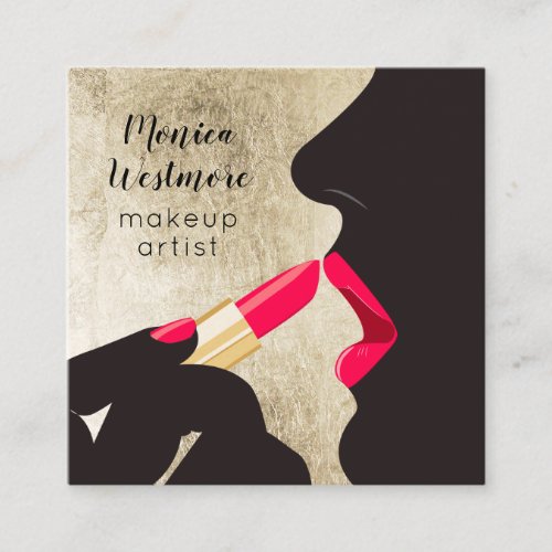 Elegant chic gold foil red lips lipstick makeup square business card