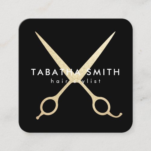 Elegant chic gold foil scissors hair stylist black square business card