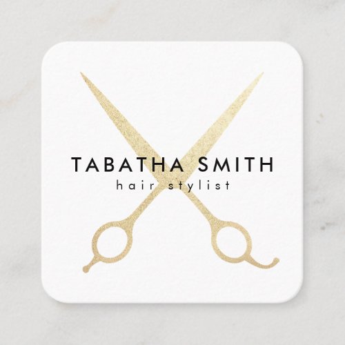 Elegant chic gold foil scissors hair stylist salon square business card