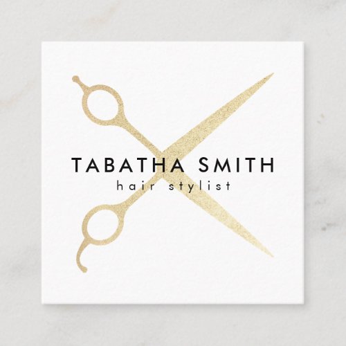 Elegant chic gold foil scissors hair stylist salon square business card