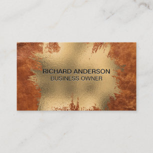Elegant Chic Gold Foil Splatter   Brown Leather Business Card