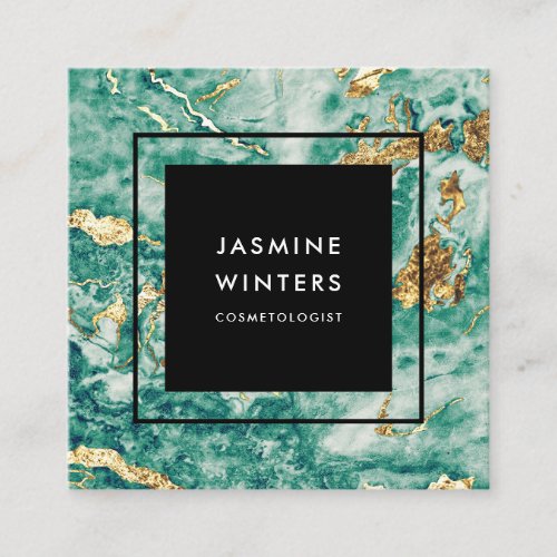 Elegant chic gold foil turquoise marble watercolor square business card