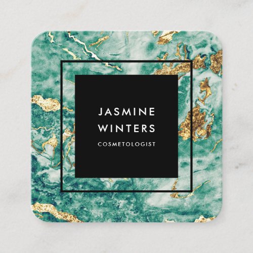 Elegant chic gold foil turquoise marble watercolor square business card
