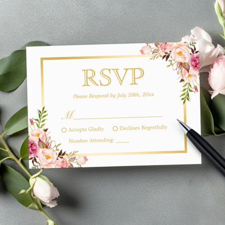 Elegant Chic Gold Frame Blush Pink Floral Wedding Rsvp Card