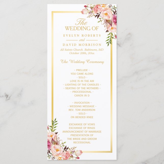 Elegant Chic Gold Frame Floral Wedding Program (Front)
