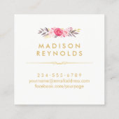 Elegant Chic Gold Frame Girly Pink Floral Personal Square Business Card (Back)