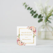 Elegant Chic Gold Frame Girly Pink Floral Personal Square Business Card (Standing Front)