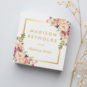 Elegant Chic Gold Frame Girly Pink Floral Personal Square Business Card