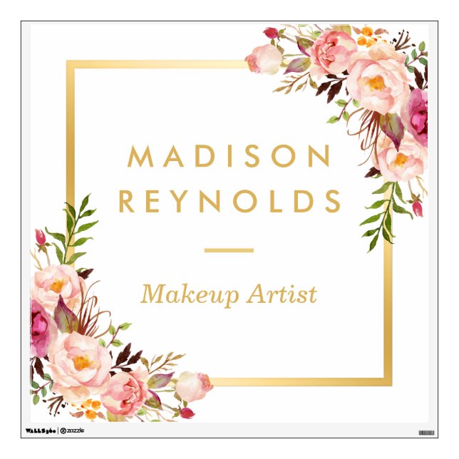 Elegant Chic Gold Frame Girly Pink Floral Wall Decal (Front)