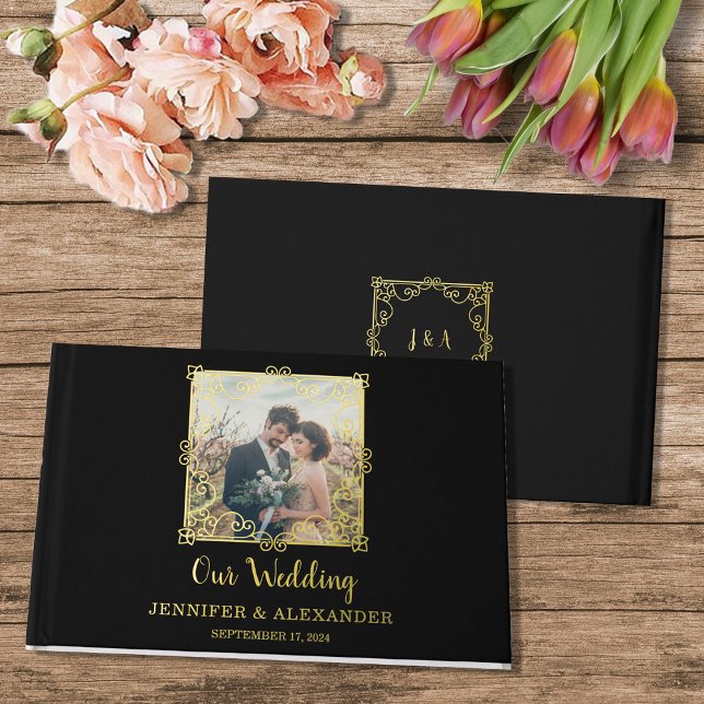 Elegant chic gold frame photo gold foil wedding guest book  (Gold black monogrammed,  photo gold foil wedding guestbook.)