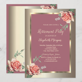 Elegant Chic Gold Frame Roses Retirement Invitation