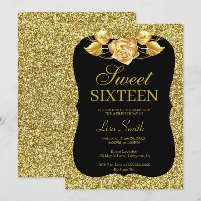 Elegant Chic Gold Glitter Gold Rose Sweet 16 Invitation (Front/Back)