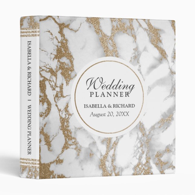 Elegant Chic Gold Glitter Marble Wedding Planner Binder (Front/Spine)