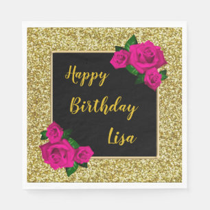 Elegant Chic Gold Glitter Pink Roses Birthday Napkins