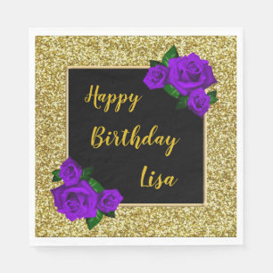 Elegant Chic Gold Glitter Purple Roses Birthday Napkins