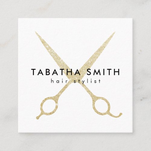 Elegant chic gold glitter scissors hair stylist square business card
