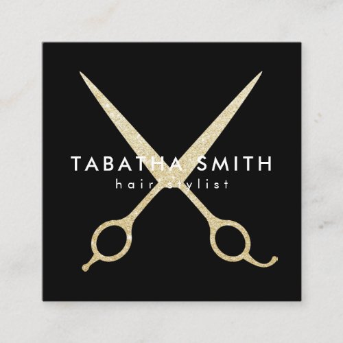 Elegant chic gold glitter scissors hair stylist square business card