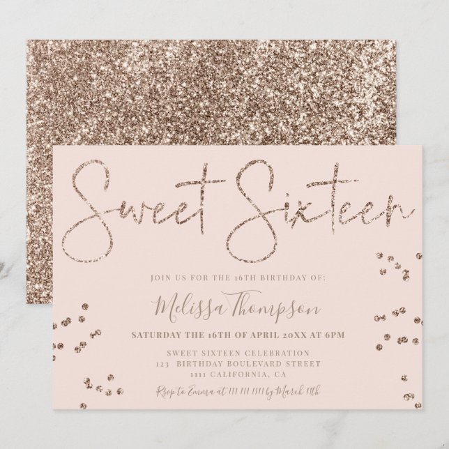 Elegant chic gold glitter script pink Sweet 16 Invitation (Front/Back)