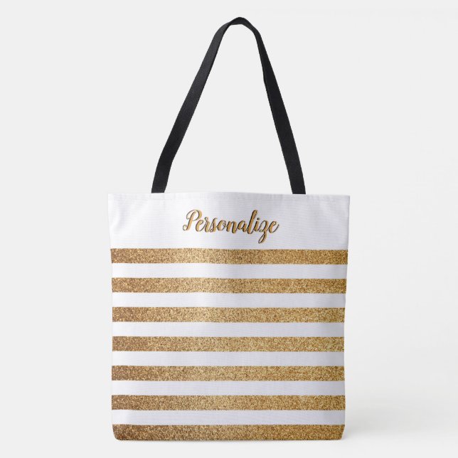 Elegant Chic Gold Glitter Stripes Personalized Tote Bag (Front)