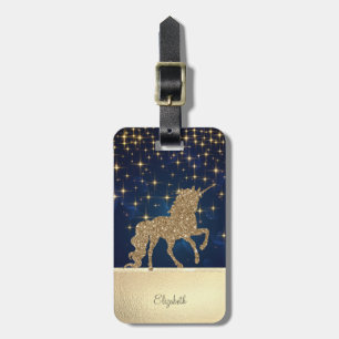 Elegant Chic Gold Glitter Unicorn Stars Navy Blue Luggage Tag