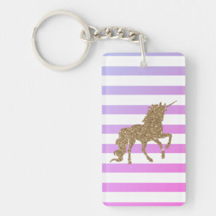 Elegant Chic Gold Glitter Unicorn, Violet Striped Keychain