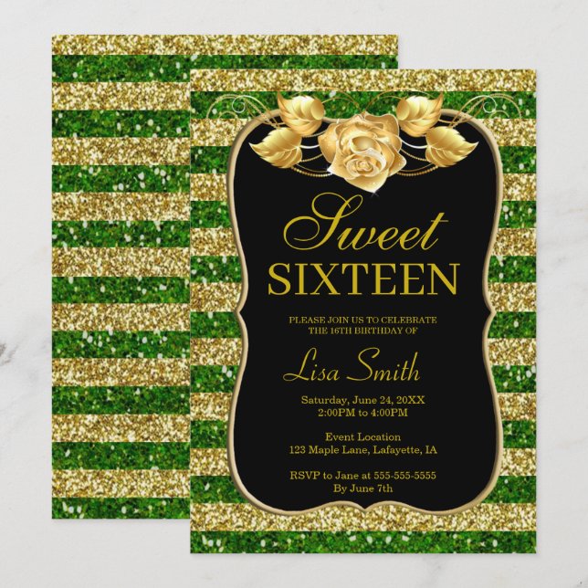 Elegant Chic Gold Green Glitter Rose Sweet 16 Invitation (Front/Back)