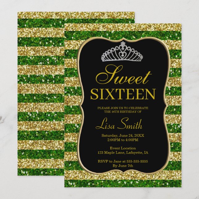 Elegant Chic Gold Green Glitter Tiara Sweet 16 Invitation (Front/Back)