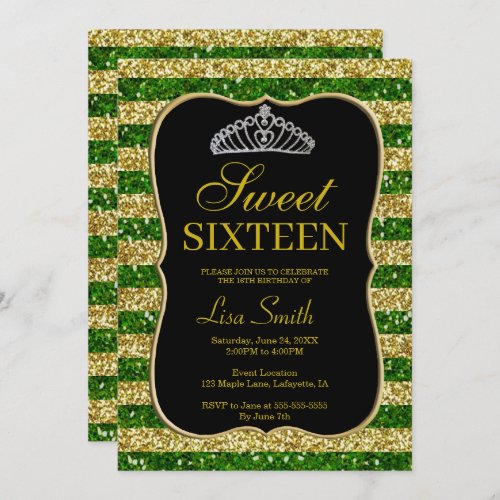 Elegant Chic Gold Green Glitter Tiara Sweet 16 Invitation