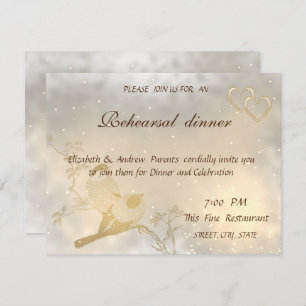 Elegant Chic Gold Hearts, Birds Rehearsal Dinner Invitation