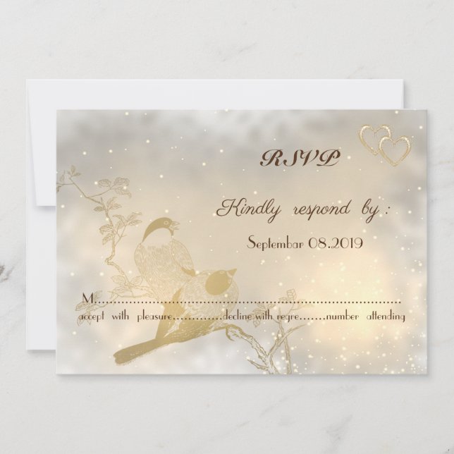 Elegant Chic Gold Hearts, Birds RSVP Invitation (Front)