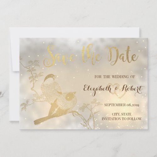 Elegant Chic Gold Hearts Birds Save The Date