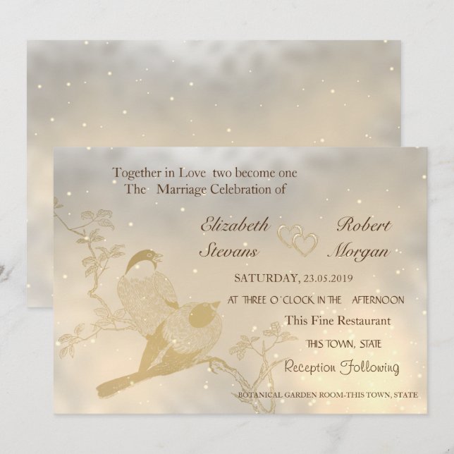 Elegant Chic Gold Hearts, Birds Wedding Invitation (Front/Back)