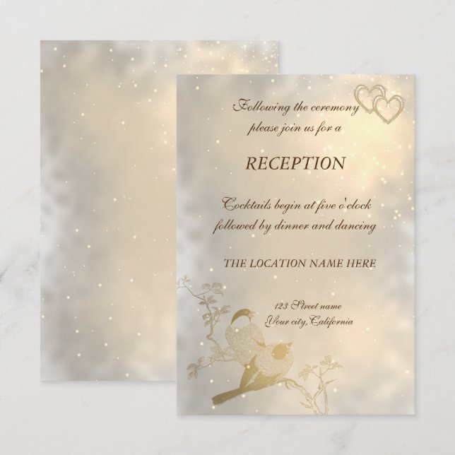 Elegant Chic Gold Hearts, Birds  Wedding Reception Invitation (Front/Back)
