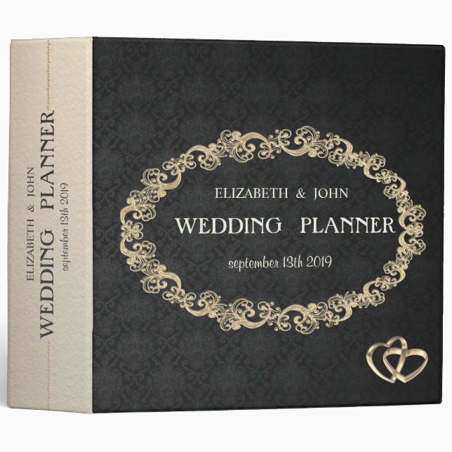 Elegant Chic Gold Hearts,Black Damask 3 Ring Binder (Front/Spine)