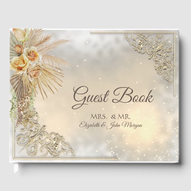 Elegant Chic Gold Hearts Boho Flowers Wedding Guest Book (Front)