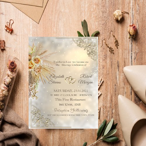 Elegant Chic Gold Hearts Boho Flowers Wedding  Invitation