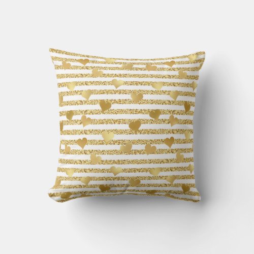 Elegant Chic Gold Hearts Glitter Stripes Throw Pillow